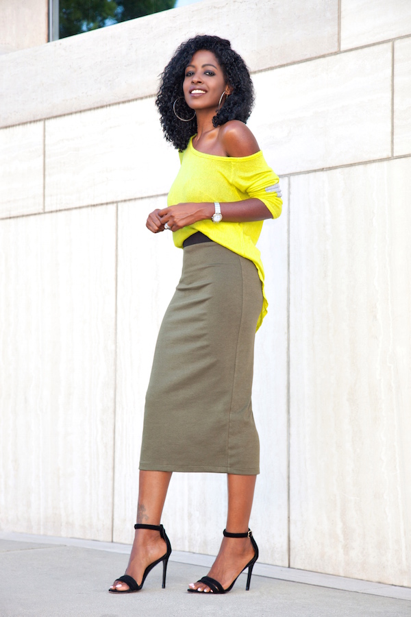 Style Pantry | Off Shoulder Knit + Contrast Waist Midi Skirt