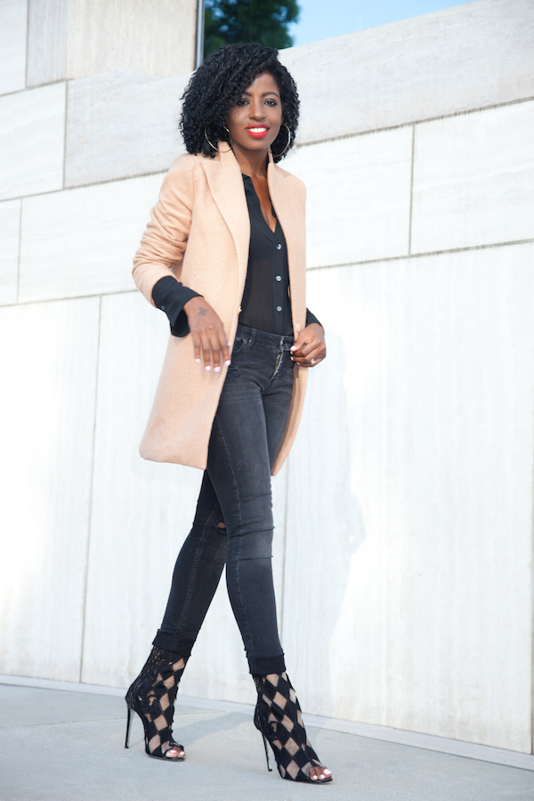 Camel Cocoon Coat + Pleated Shirt + Ripped Jeans – StylePantry