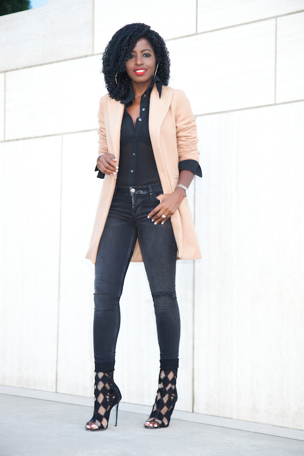 Camel Cocoon Coat + Pleated Shirt + Ripped Jeans – StylePantry