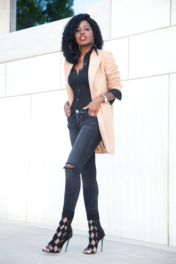 Style Pantry | Camel Cocoon Coat + Pleated Shirt + Ripped Jeans