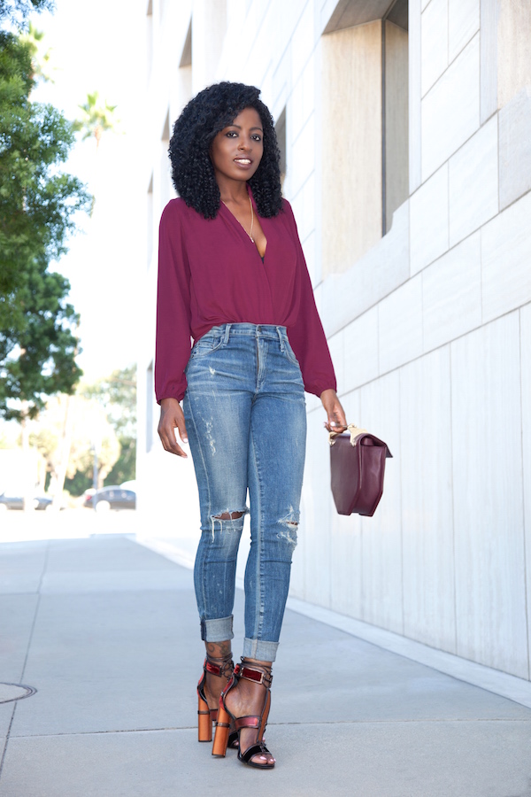 Long Sleeve Faux Wrap Blouse + High Waist Jeans – StylePantry