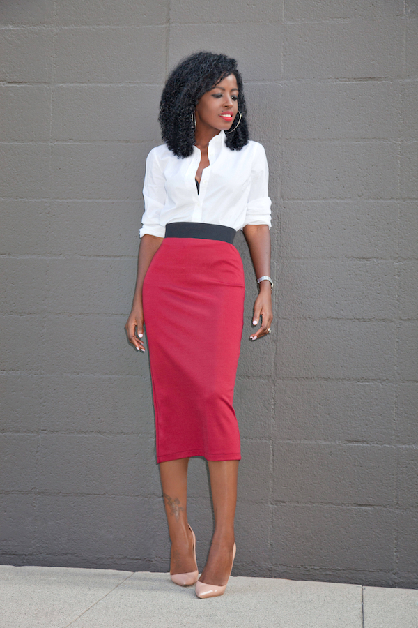 Button Down Shirt + Contrast Waist Midi Skirt – StylePantry