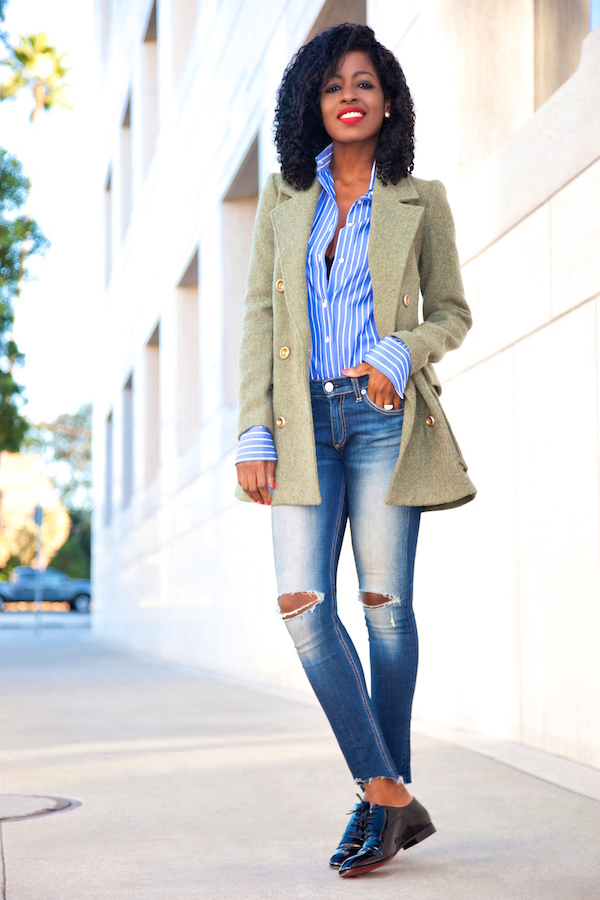 Military Peacoat + Striped Shirt + Distressed Cropped Jeans | Style ...