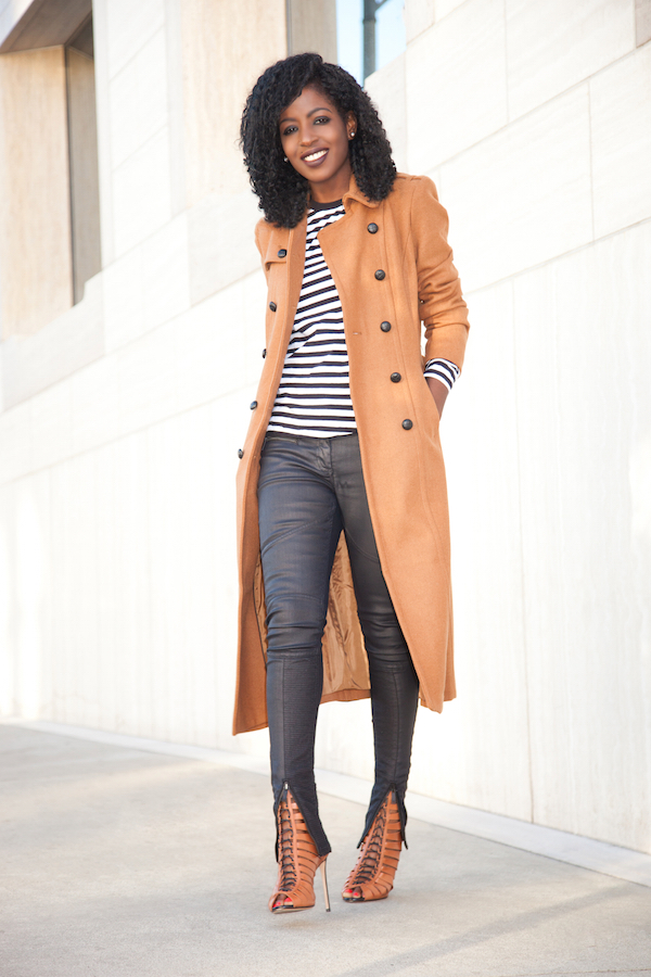 Style Pantry | Camel Trench Coat + Striped Tee + Coated Moto Jeans