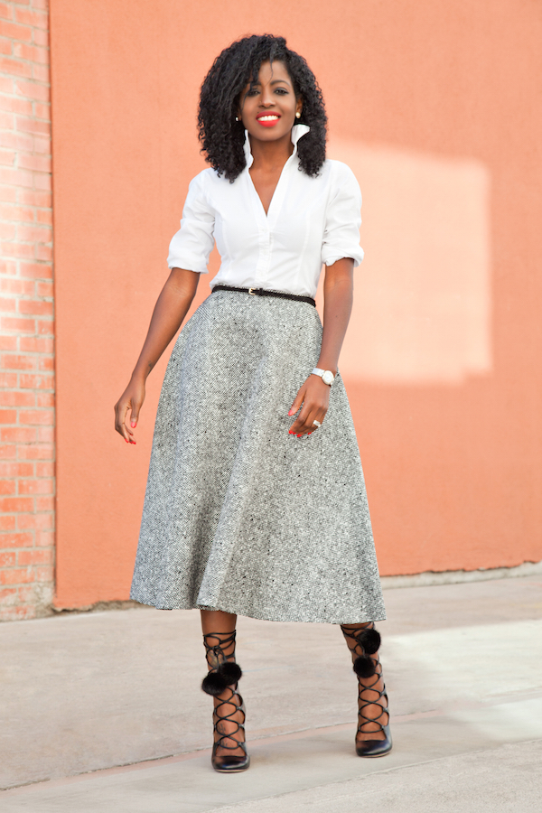 Style Pantry | Fitted White Shirt + Swing Midi Skirt