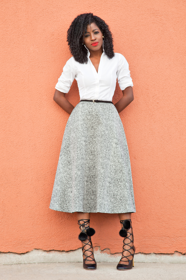 Style Pantry | Fitted White Shirt + Swing Midi Skirt
