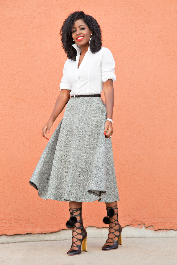 Style Pantry | Fitted White Shirt + Swing Midi Skirt