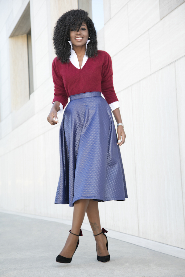 Style Pantry | V-Neck Sweater + Button Down + Swing Midi Skirt