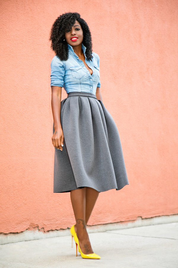 Style Pantry | Fitted Denim Shirt + Full Pleated Skirt