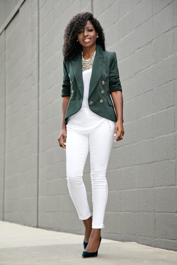 Double Breasted Blazer + Tank + White Moto Jeans – StylePantry