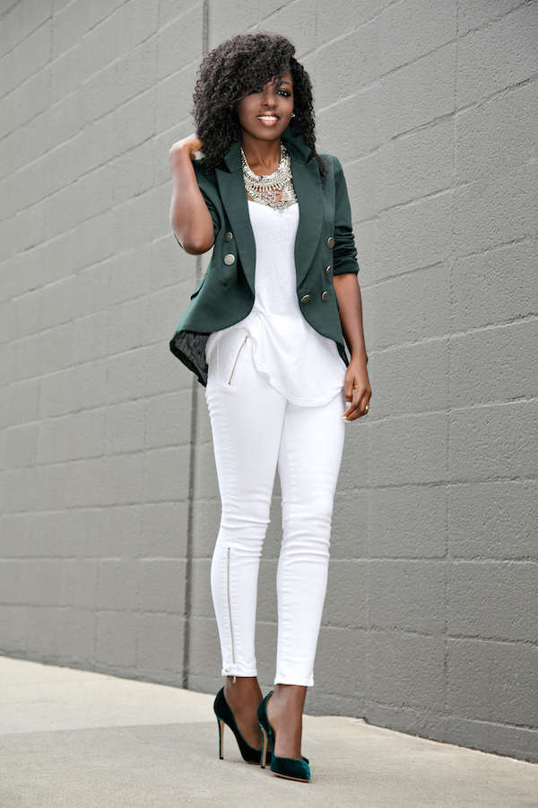 Style Pantry | Double Breasted Blazer + Tank + White Moto Jeans