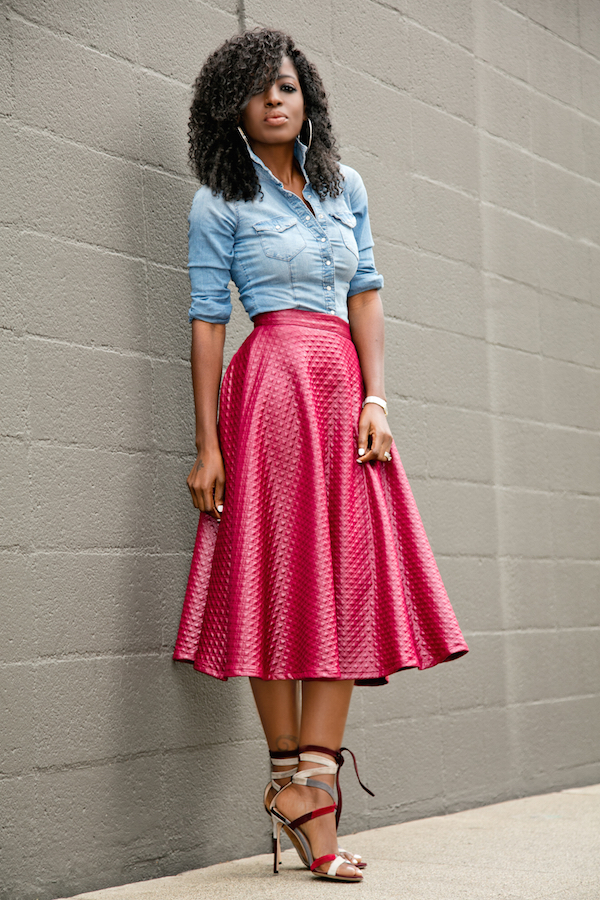 Style Pantry | Fitted Denim Shirt + Swing Midi Skirt