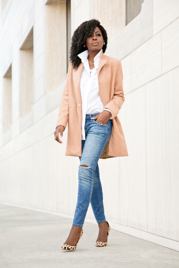 Style Pantry | Camel Coat + Button Down + Stiletto Jeans