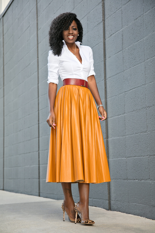 Button Down Shirt + Faux Leather Pleated Midi Skirt – StylePantry