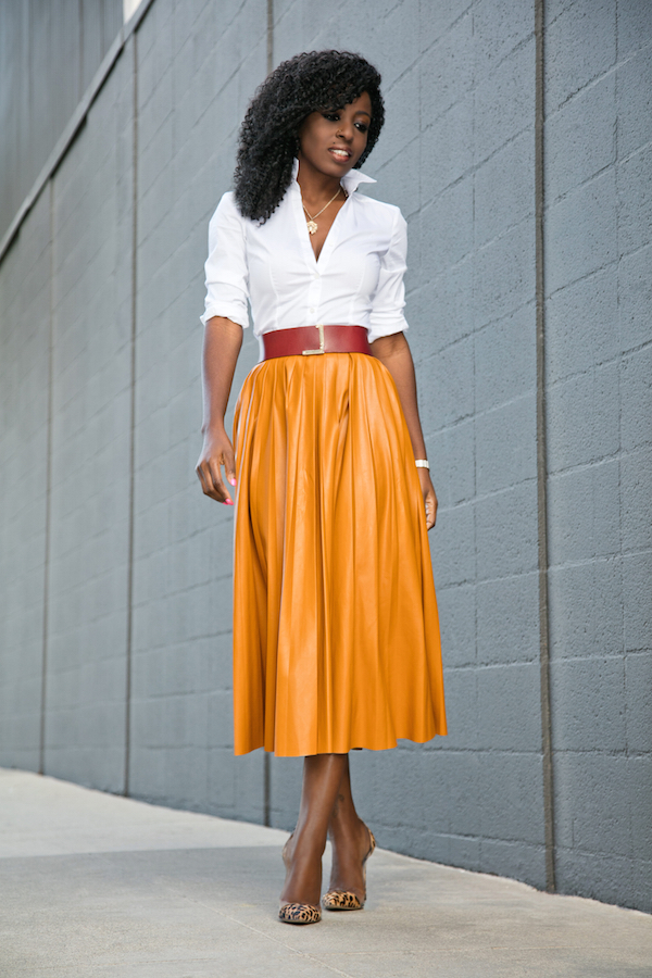 Style Pantry | Button Down Shirt + Faux Leather Pleated Midi Skirt