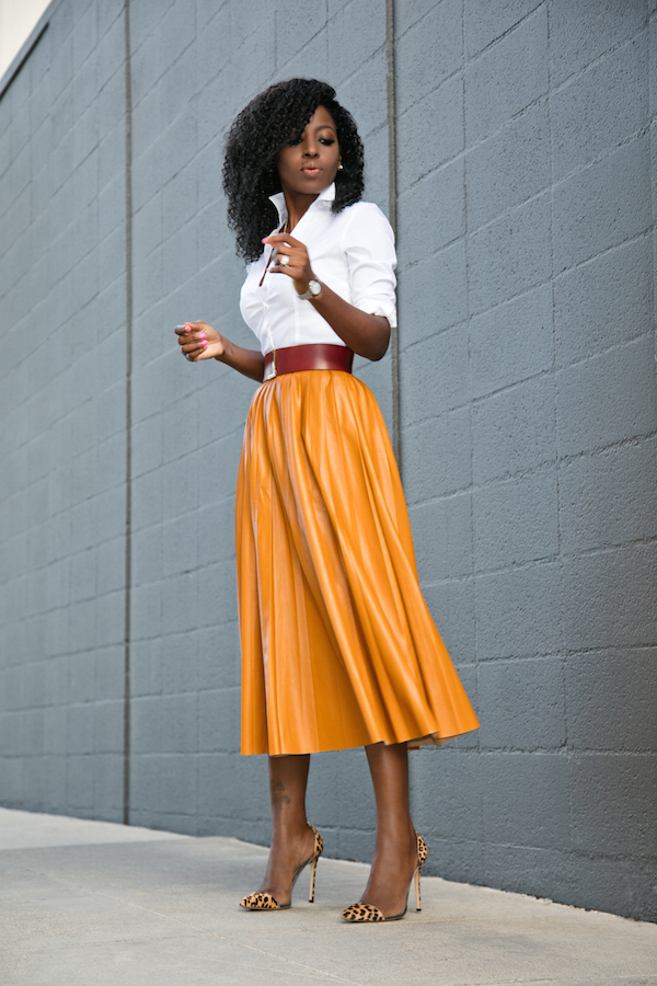 Button Down Shirt + Faux Leather Pleated Midi Skirt – StylePantry