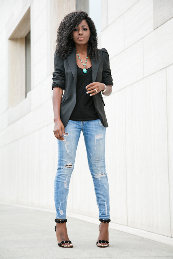 Style Pantry | Puff Shoulder Blazer + Tank + Ripped Stiletto Jeans