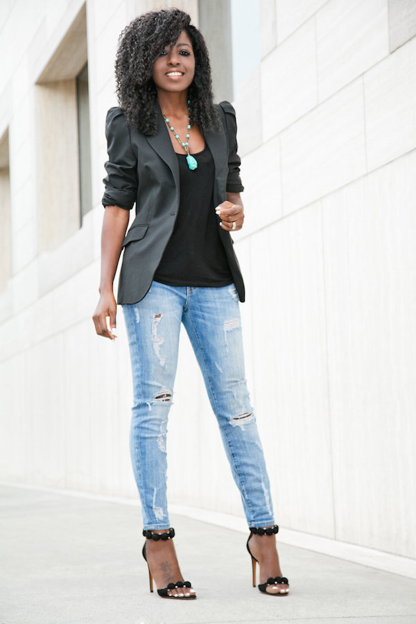 Puff Shoulder Blazer + Tank + Ripped Stiletto Jeans – StylePantry