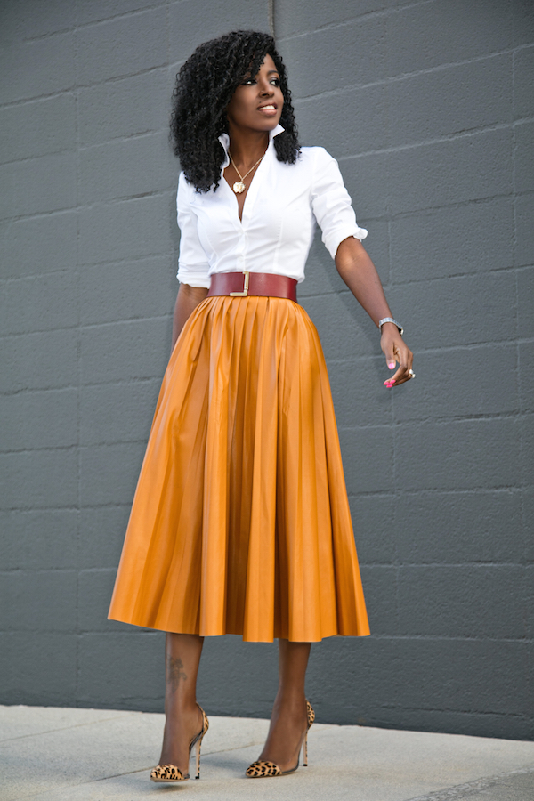 Style Pantry | Button Down Shirt + Faux Leather Pleated Midi Skirt