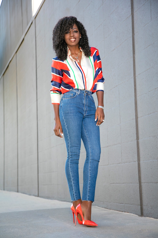 Scarf Print Shirt + High Waist Jeans – StylePantry