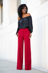Style Pantry | Off Shoulder Silk Blouse + Wide Leg Trousers