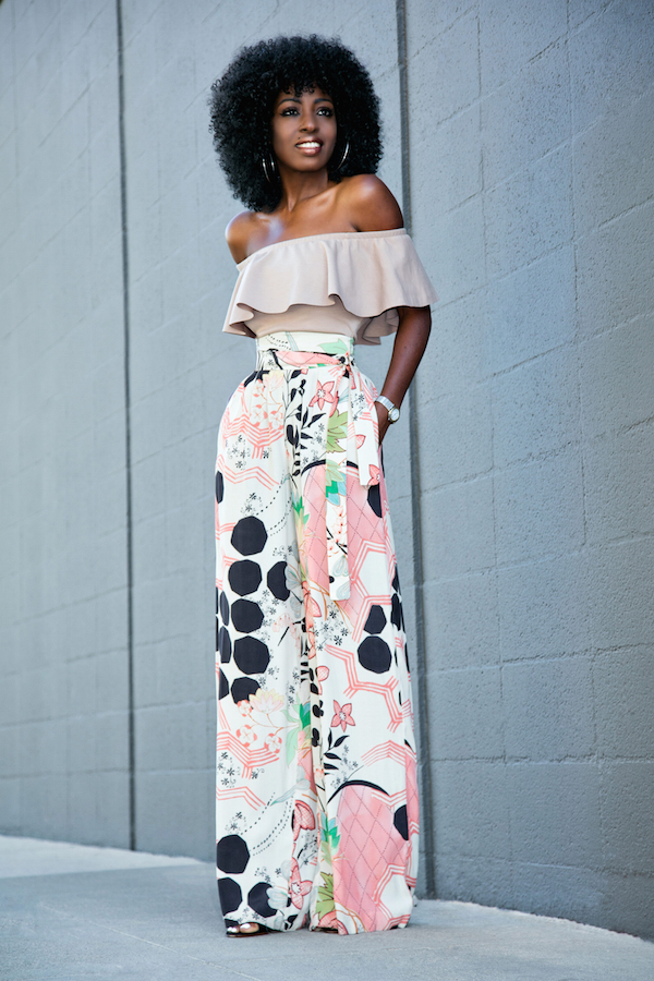 Style Pantry | Frill Off Shoulder Blouse + High Waist Printed Pants