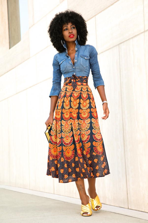 Style Pantry | Denim Shirt + Printed Wrap Midi Skirt