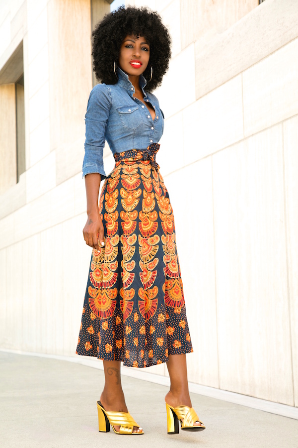 Denim Shirt + Printed Wrap Midi Skirt – StylePantry