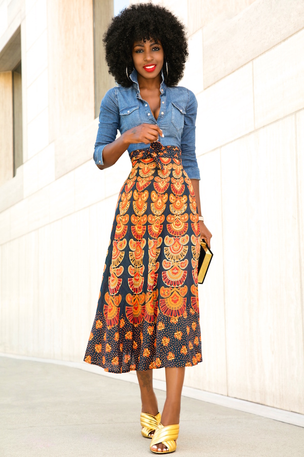 Denim Shirt + Printed Wrap Midi Skirt – StylePantry