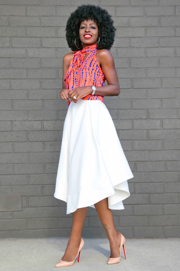 Printed Halter Top + White Flounce Midi Skirt – StylePantry