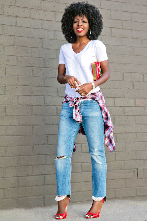 White V-Neck Tee + Distressed Vintage Levi’s – StylePantry