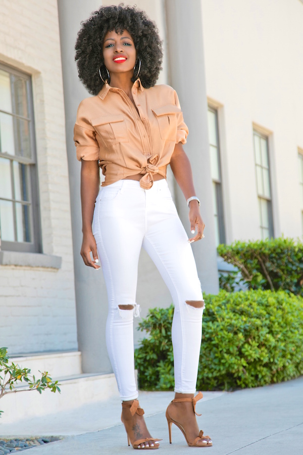 Safari Inspired Boyfriend Shirt + Ripped White Jeans – StylePantry