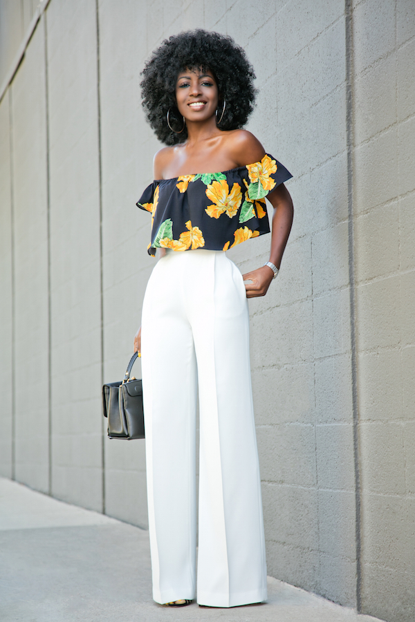 Style Pantry | Floral Off Shoulder Blouse + White High Waist Pants