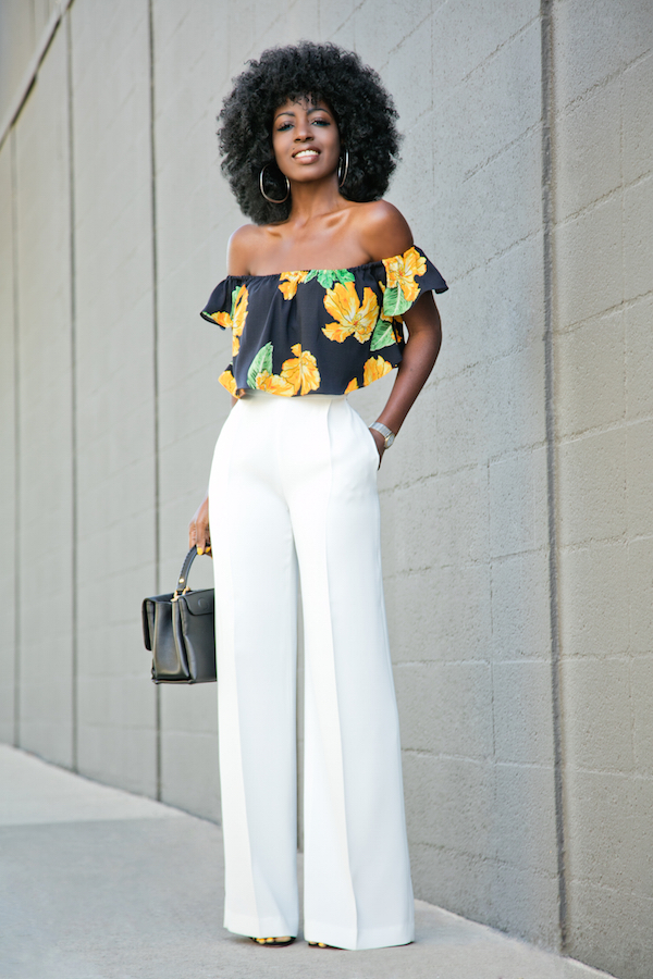 Style Pantry | Floral Off Shoulder Blouse + White High Waist Pants
