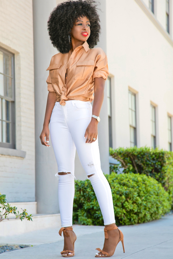 Safari Inspired Boyfriend Shirt + Ripped White Jeans – StylePantry