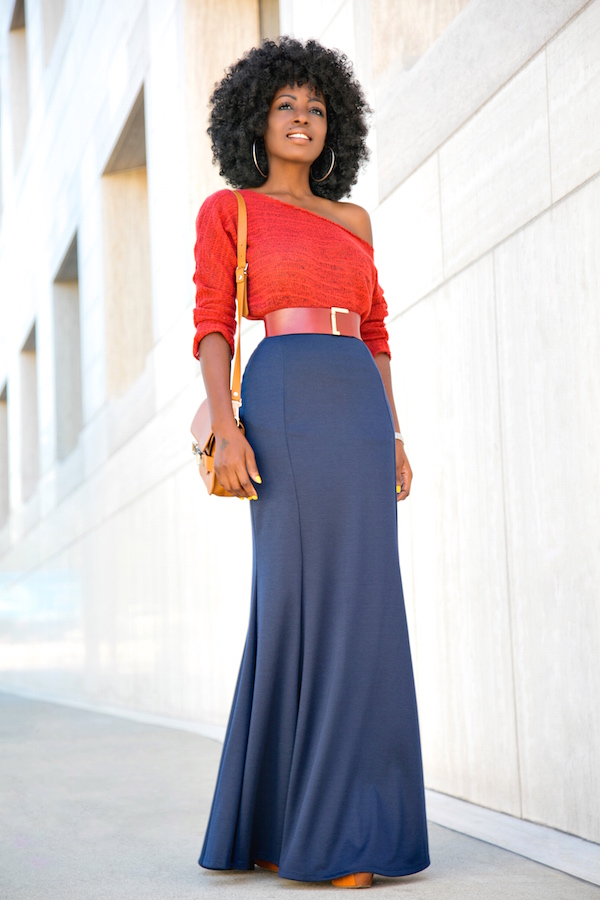 Style Pantry | Off Shoulder Rust Sweater + Mermaid Style Maxi Skirt