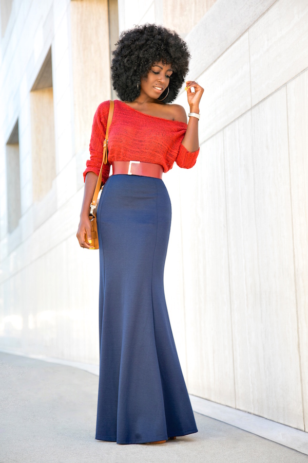 Style Pantry | Off Shoulder Rust Sweater + Mermaid Style Maxi Skirt