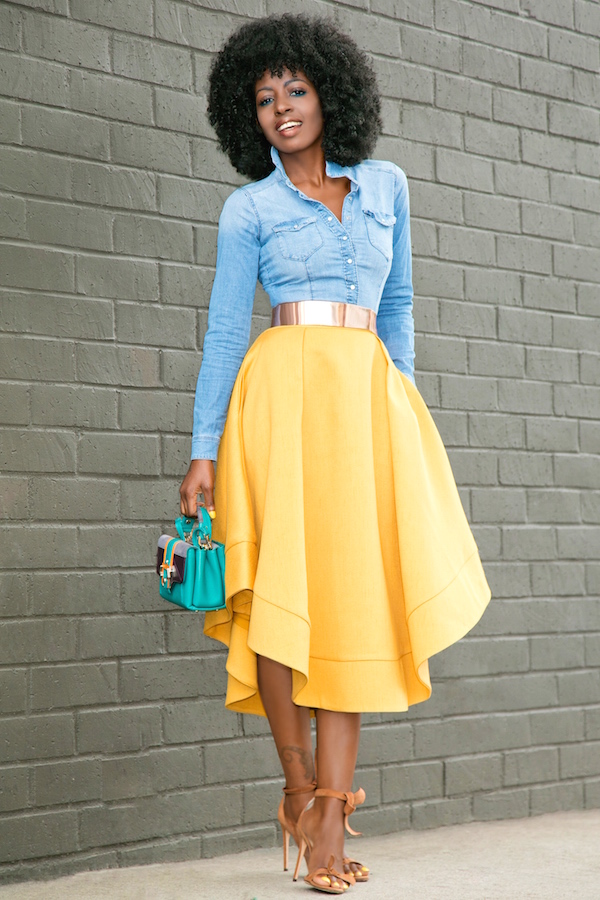 Fitted Denim Shirt + Waves Midi Skirt – StylePantry