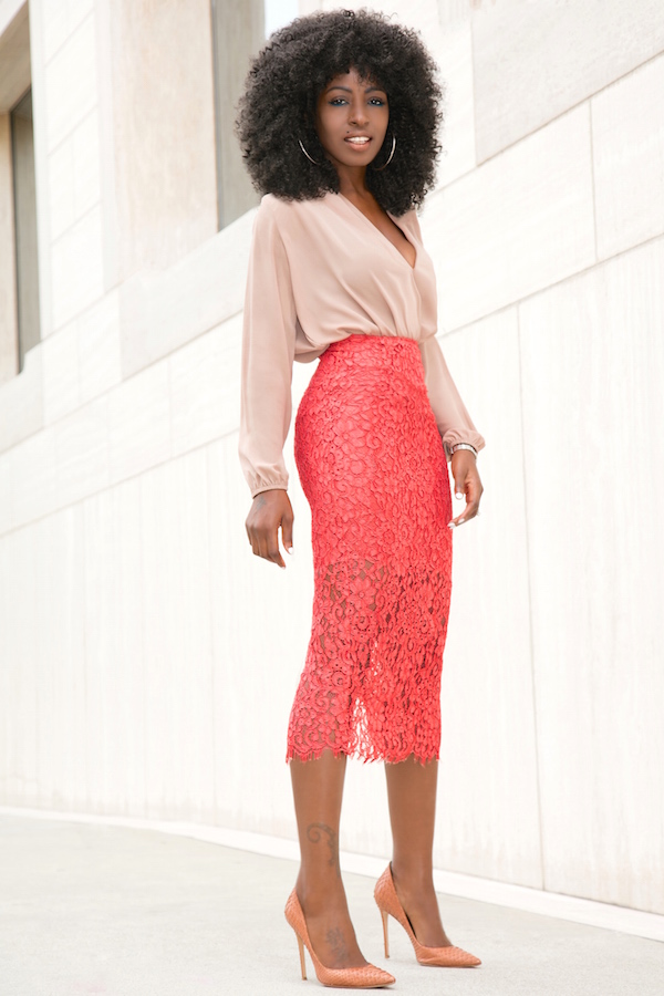 Long Sleeve Faux Wrap Blouse + Lace Pencil Midi Skirt | Style Pantry ...