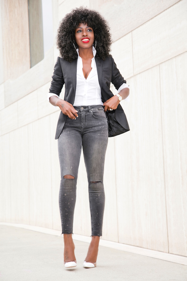 Blazer + Button Down + Distressed Cropped Jeans – StylePantry