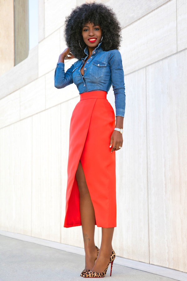 Style Pantry | Fitted Denim Shirt + Front Slit Tulip Skirt