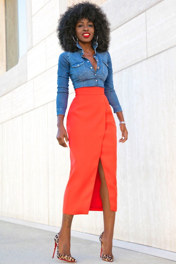 Fitted Denim Shirt + Front Slit Tulip Skirt – StylePantry