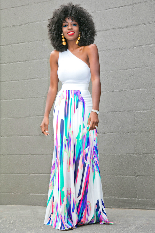 Style Pantry | One Shoulder Tank + Printed High Waist Skirt
