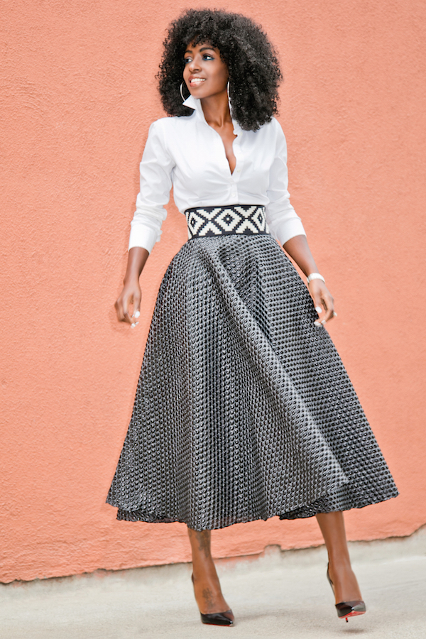Style Pantry | Button Down + Textured Tea Length Skirt