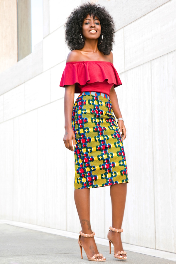 Style Pantry | Off Shoulder Frill Top + Printed Pencil Skirt