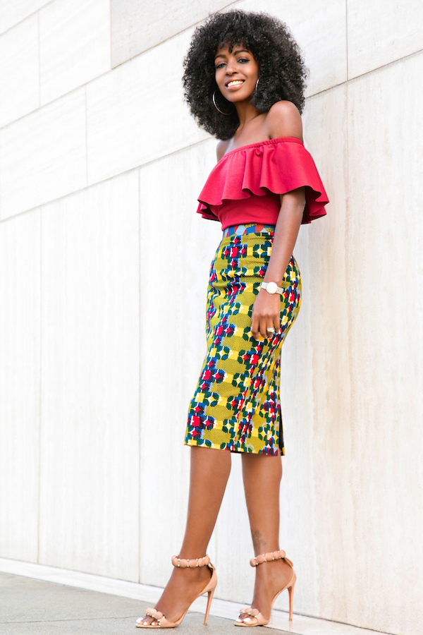 Style Pantry | Off Shoulder Frill Top + Printed Pencil Skirt