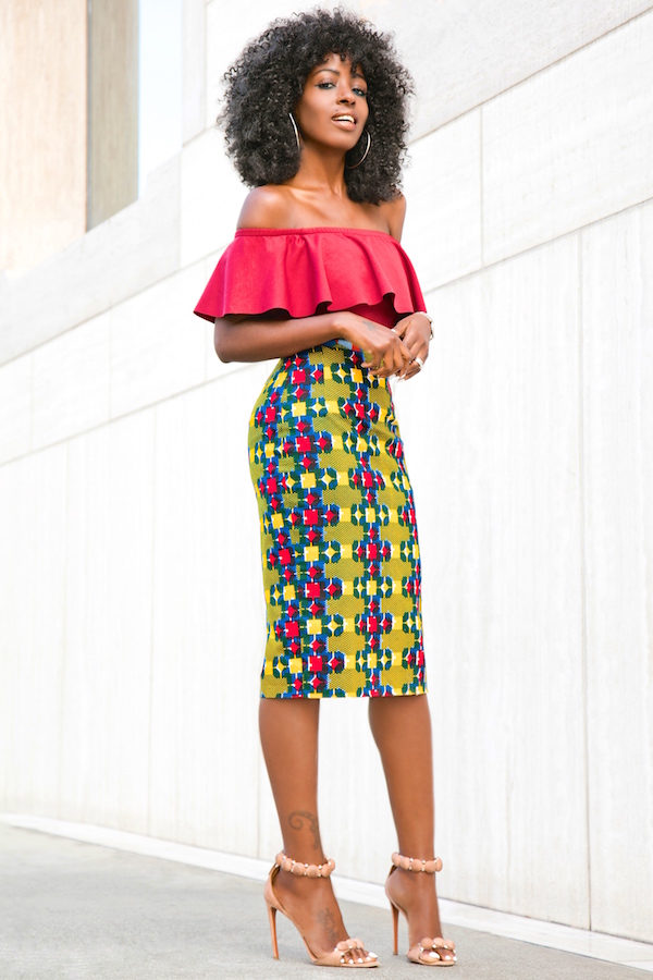 Style Pantry | Off Shoulder Frill Top + Printed Pencil Skirt