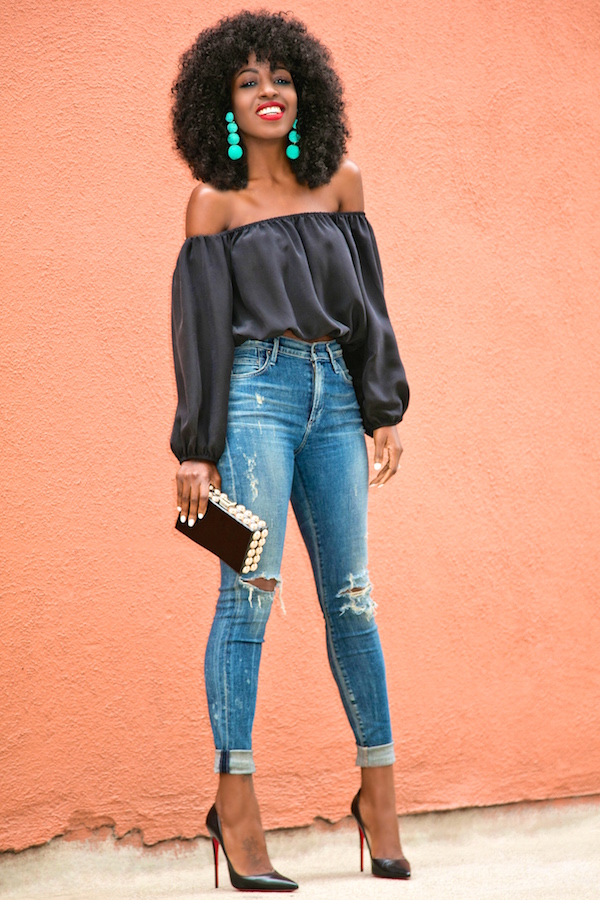 Style Pantry | Off Shoulder Silk Blouse + Distressed High Waist Jeans