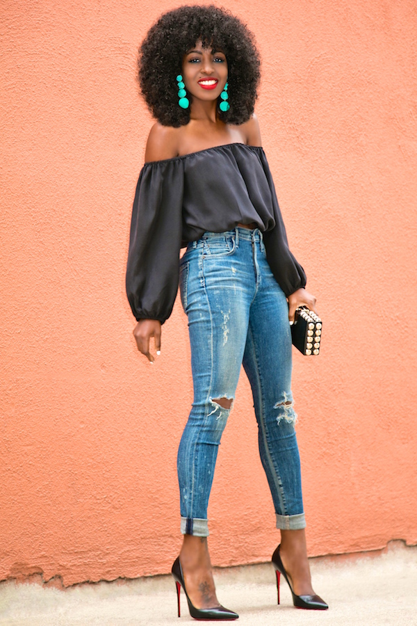 Style Pantry | Off Shoulder Silk Blouse + Distressed High Waist Jeans