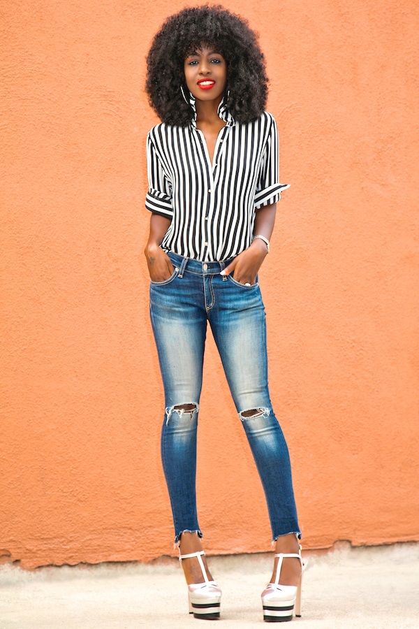 Style Pantry | Striped Button Down + Distressed Ankle Length Jeans